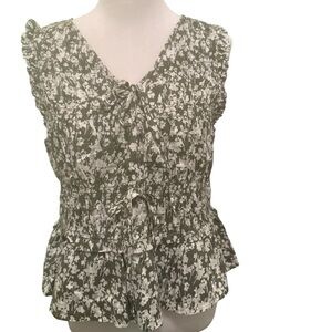 Loft Top Womens Sz L Green White Floral Sleeveless Smocked Peplum Pullover